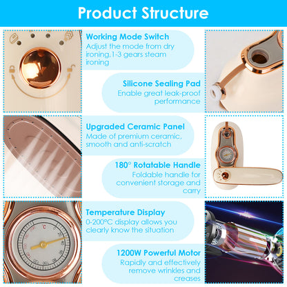 1Pc 1200W Foldable Handheld Clothes Iron Steamer with Wet Dry Ironing Mode Portable Garment Steamer Travel Clothing Wrinkles Remover with Temperature Display