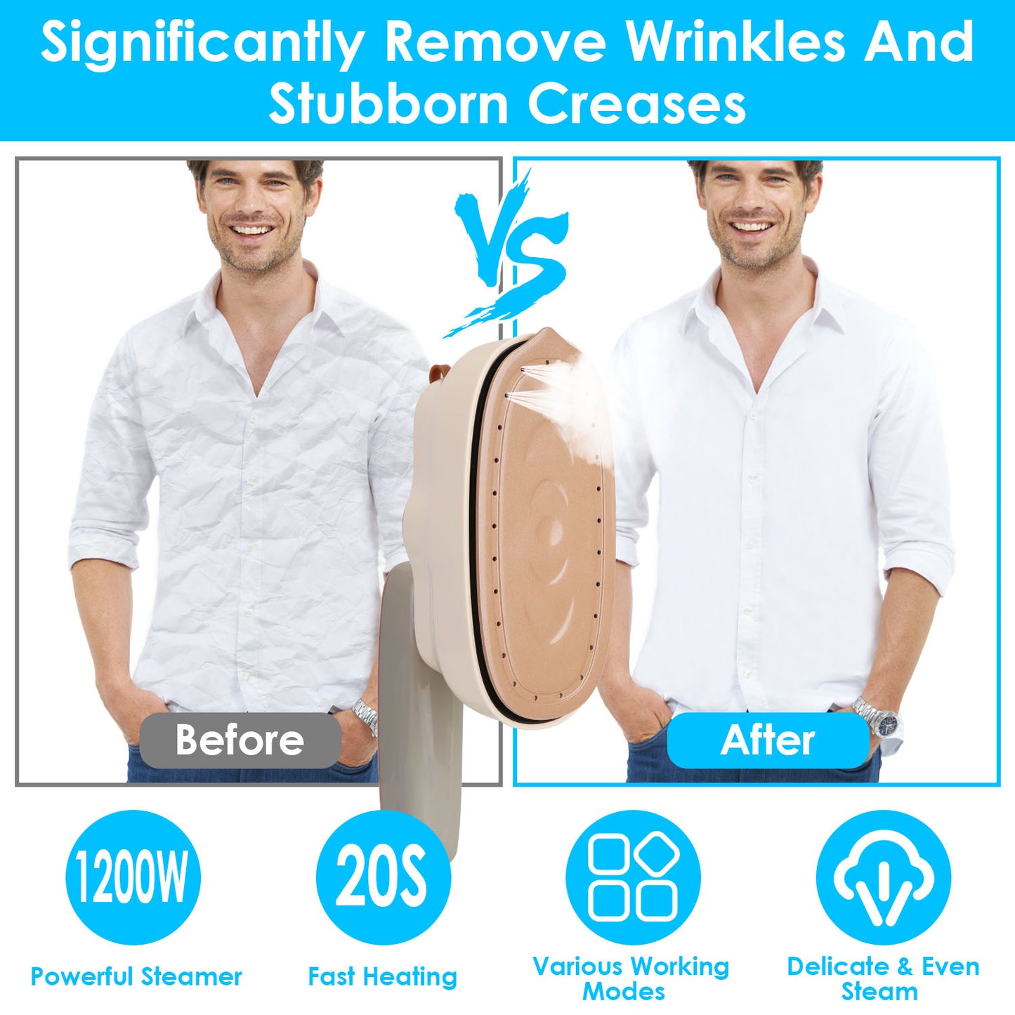 1Pc 1200W Foldable Handheld Clothes Iron Steamer with Wet Dry Ironing Mode Portable Garment Steamer Travel Clothing Wrinkles Remover with Temperature Display